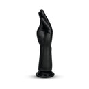 B-vibe Essentials Silicone Hand Fisting Dildo Black displayed on a stand, showcasing its unique hand shape design.