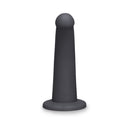 B-vibe Essentials 7 Inch Smooth Silicone Dildo Black on a white background, showcasing its sleek design.