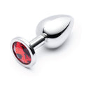 b-Vibe Essentials 3.25 Inch Steel Jewel Butt Plug Red with polished stainless steel and red jewel base.