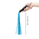 B-vibe Essentials Beaded Flogger held in hand with blue beaded falls and black handle, measuring 9.4 inches.
