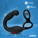 Jock Gyrating Prostate Vibrator with C-Ring design showcasing dimensions and features for an enhanced experience.