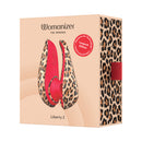 Womanizer Liberty 2 Leopard Air Pulse Stimulator package with leopard print design and red accents.