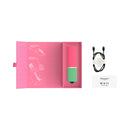 Womanizer Beauty Green & Pink Air Pulse Stimulator in packaging with quick start guide and charging cable.
