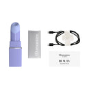 Womanizer Beauty Lilac Clitoral Suction Stimulator packaging, USB charging cable, and quick start guide.