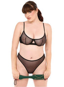 Model showcasing the Sex & Mischief Indica Chain Impressions Paddle Green and sheer black lingerie.