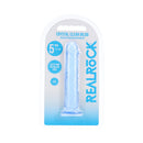 Realrock Realistic Dildo 5 Inch Blue packaging featuring a translucent blue dildo with suction cup.