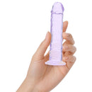 Realrock 5 Inch Realistic Dildo Purple held in hand, showcasing its smooth design and vibrant color.