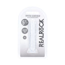 Realrock Realistic Dildo 5 Inch Transparent in packaging with suction cup and features highlighted.