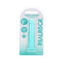 Realrock 5 Inch Realistic Dildo Turquoise packaging with suction cup for versatile use.