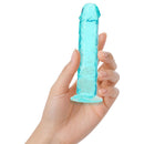 Realrock 5 Inch Realistic Dildo Turquoise held in hand, showcasing its smooth turquoise design.