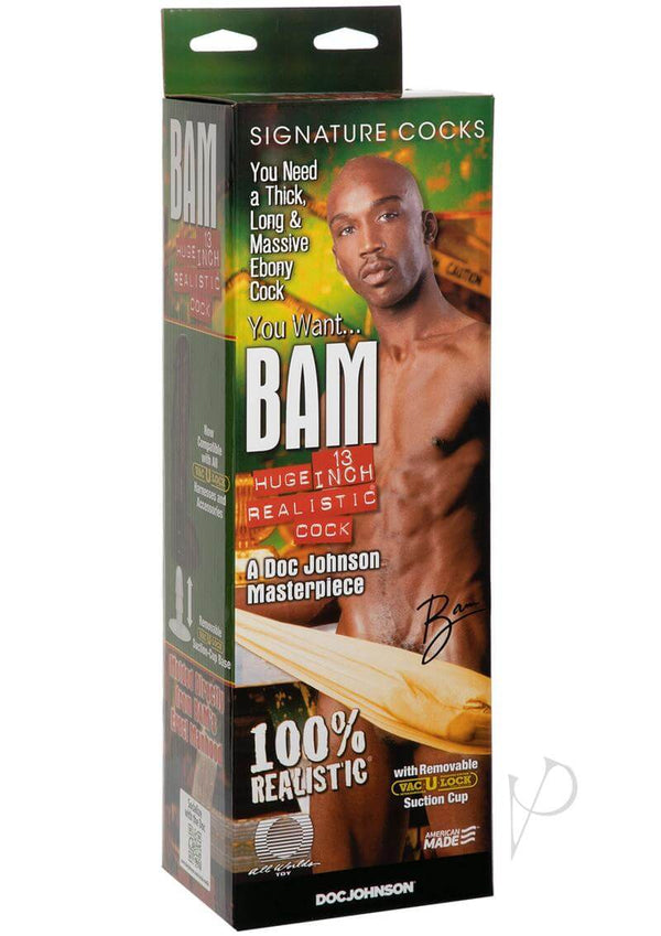 Signature Cocks Bam 13-inch realistic black dildo packaging featuring vibrant graphics and product details.