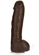 Realistic 13-inch black dildo with veined texture and suction cup base for enhanced stability and pleasure.