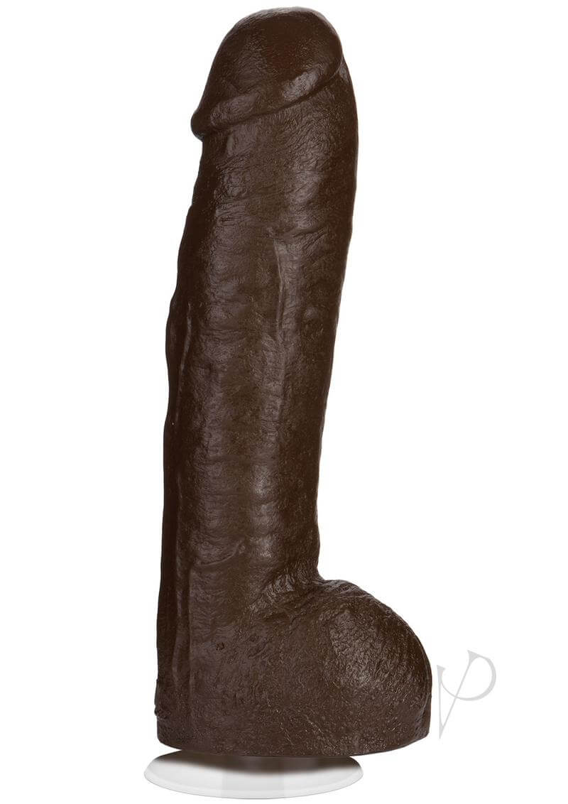 Realistic 13-inch black dildo with veined texture and suction cup base for enhanced stability and pleasure.