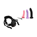 Adam & Eve Eve's Silicone Strap On Play 5-piece Set showing dildos and harness for strap-on play.