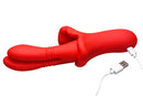 Lickgasm Double Thrusting Silicone Vibrator in red with USB charging cable, featuring dual heads for thrusting and vibration.