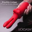 Lickgasm Double Thrusting Silicone Vibrator design featuring dual heads and thrusting silicone in vibrant red color.