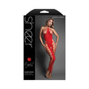 Fantasy Lingerie Slow Burn Open Crotch Bodystocking Red displayed on model, showcasing bold design and rhinestone details.