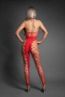 Fantasy Lingerie Slow Burn Open Crotch Bodystocking Red showcased from the back, highlighting its sheer and opaque design.
