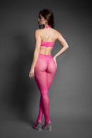 Model wearing Fantasy Lingerie Crystal Club Crotchless Halter Bodystocking in pink with fishnet design from the back.