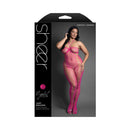 Fantasy Lingerie Crotchless Halter Bodystocking Queen Size in pink fishnet packaging showcasing curves.