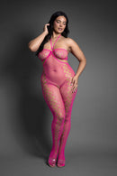 Fantasy Lingerie Crotchless Halter Bodystocking Queen Size featuring sheer fishnet and rhinestone detail in pink.
