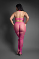 Fantasy Lingerie Crotchless Halter Bodystocking Queen Size displayed in pink fishnet, hugging curvy body, styled with heels.