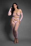 Fantasy Lingerie Last Call Top and Garter Stockings Queen showcased on a model in soft light pink fishnet.