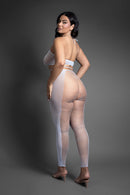 Fantasy Lingerie Pull Me Closer Halter And Stockings Queen showcased from behind, featuring sheer top and fishnet stockings.
