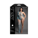 Fantasy Lingerie Crystal Club Bodystocking Queen Size showcased on model, featuring asymmetrical fishnet and lace design.