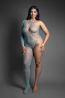 Fantasy Lingerie Crystal Club Bodystocking Queen Size featuring a bold asymmetrical fishnet and lace design.