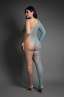Fantasy Lingerie Crystal Club Bodystocking Queen Size showcasing a bold asymmetrical design with fishnet and lace details.