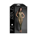 Fantasy Lingerie Keep Looking Open Crotch Bodystocking Olive displayed on model with sheer fishnet design and rhinestone details.