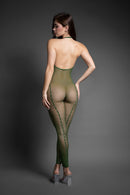 Fantasy Lingerie Keep Looking Open Crotch Bodystocking Olive showcased from the back, highlighting its sheer fishnet design.