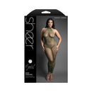 Fantasy Lingerie Open Crotch Halter Bodystocking Queen Size packaging featuring a model in a sheer fishnet design.