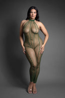 Fantasy Lingerie Open Crotch Halter Bodystocking Queen Size in olive mesh with rhinestone accents, showcasing curves.