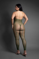 Woman modeled in Fantasy Lingerie Open Crotch Halter Bodystocking Queen Size showcasing olive mesh design.