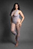 Fantasy Lingerie Crystal Club Bodystocking Queen Size Gray featuring a footless, open back design with rhinestone accents.