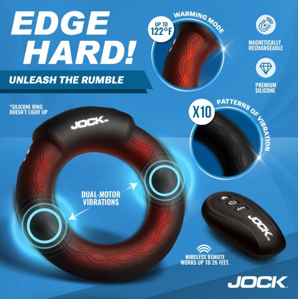 Jock Enhancers Rumbling and Warming C Ring Medium features warming, dual-motor vibrations, and remote control.