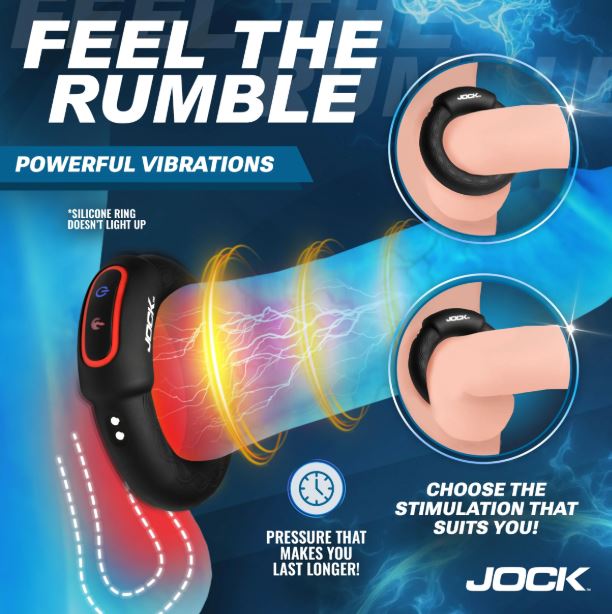 Jock Enhancers Rumbling and Warming C Ring Medium showcasing powerful vibrations and customizable stimulation options.