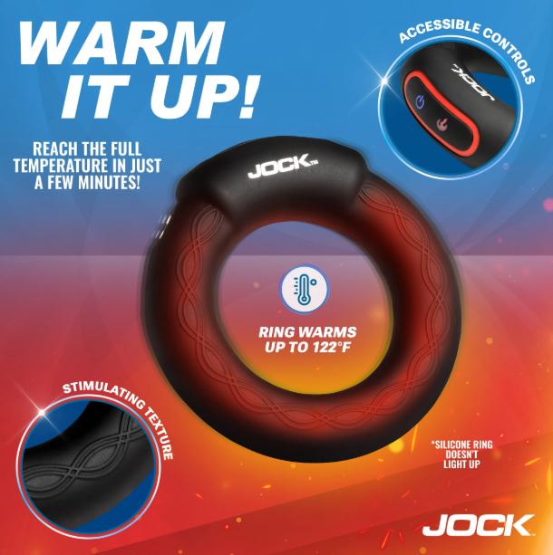 Jock Enhancers Rumbling and Warming C Ring Medium displaying features like temperature control and stimulating texture.