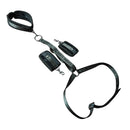 Sei Mio Harnessing Potential Body Harness With Cuffs showcasing a black body harness with wrist and neck cuffs.