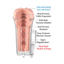 PDX Extreme Wet Pussies Deep Suck Stroker Pump System features explanations of its self-lubricating and vacuum pump functionalities.