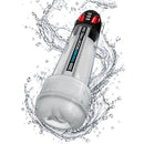 Pumpworx Maxboost Pro Flow Deluxe Penis Pump Kit Black in water, showcasing automatic vacuum technology and interchangeable sleeves.