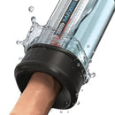 Pumpworx Maxboost Pro Flow Deluxe Penis Pump Kit Black with water splashes and hand inside the pump.