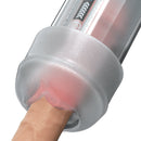 Pumpworx Maxboost Pro Flow Deluxe Penis Pump Kit Black close-up with interchangeable sleeve and user's finger.