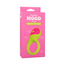 Mood Play Vibrating Cock Ring Green packaging featuring vibrant colors and push-button control design.
