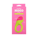 Mood Play Vibrating Cock Ring Green product packaging featuring easy control and ridged design for enhanced pleasure.