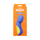 Mood Play Mini Power Wand Blue on packaging highlighting its features such as soft silicone and push-button control.