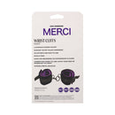 Merci Velvet Wrist Cuffs Violet and Black packaging featuring luxurious padded velvet and adjustable design.