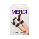 Merci Velvet Ankle Cuffs Violet and Black packaging featuring sleek ankles with black high heels and plush cuffs.